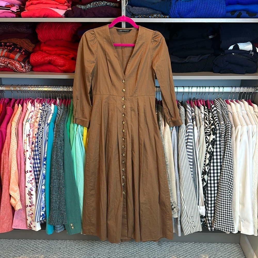 Zara brown v neck 3/4 quarter length sleeve pleated maxi dress size XS